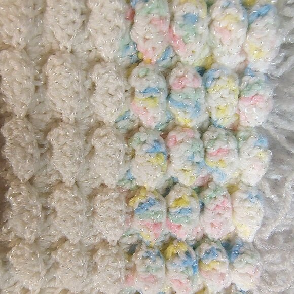 Vintage Handmade Crocheted Baby Blanket 54x32 Pastel Fringe Nursery Decor - Picture 6 of 13